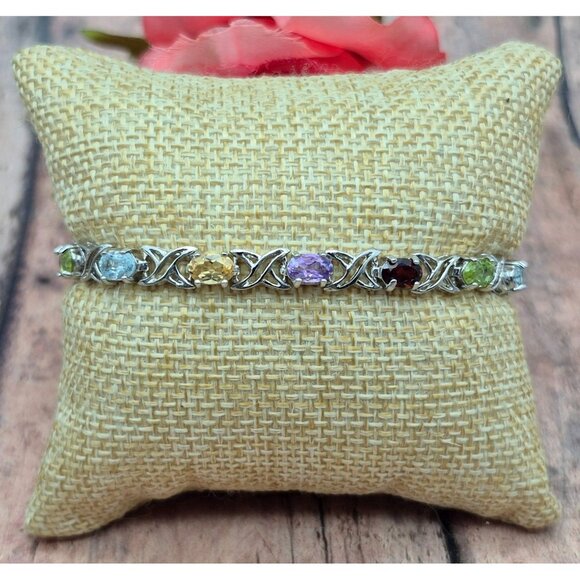 925 Sterling Silver Gemstone Tennis Bracelet Garnet, Amethyst, Citrine, Peridot - Picture 4 of 12